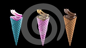 3 ice cream with waffle cone on a black background