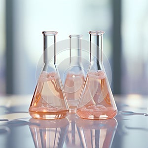 3 lab glass flasks with cell culture on the table in a laboratory. Ai generated