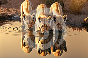 3 lion cubs drinking from water hole. Nice reflection of the 3 in the water, AI generated