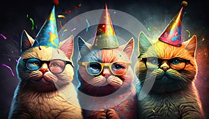 3 lucky cats in festive hats and colorful glasses.