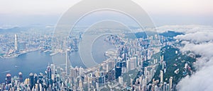 3 May 2020 - Hong Kong: Amazing aerial view of Victoria Harbour, Hong Kong, in a cloudy day