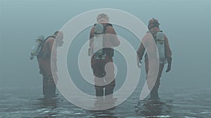 3 Men in Hazmat Suits Walking in Water Foggy Overcast Wasteland