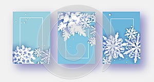 3 Merry Christmas and Happy New Year Banner. White Paper cut snowflakes. Origami Decoration background. Seasonal