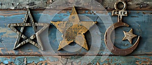 3 monotheistic religions: Christianity, Islam, Judaism. Jewish stars, Christian and Orthodox crosses, Crescent and star