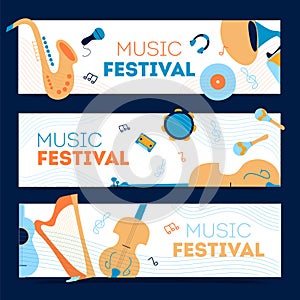 3 music horizontal banner. musical instrument illustration vector. Music concept. Creative invitation