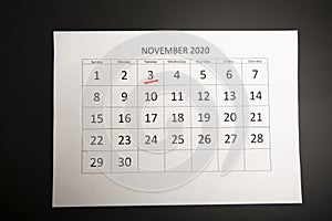 3 of November, USA elections 2020 concept. Calendar reminder