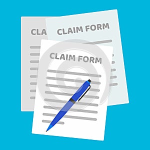 3 paper sheets with claim form to fill out and text on it and pen flat style design isolated on light blue background vector illus