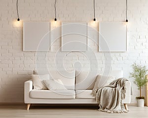 3-piece white empty frame mockup, 3D, stylish living room interior design, vertical frames