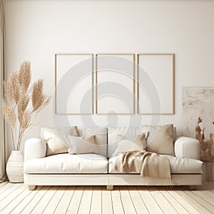 3-piece white empty frame mockup, 3D, stylish living room interior design, vertical frames