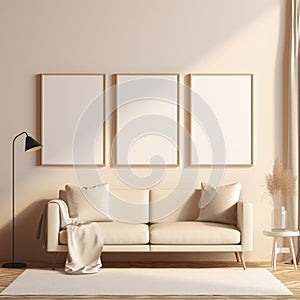 3-piece wooden empty frame mockup, 3D, stylish living room interior design, vertical frames