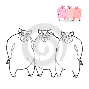 3 pig coloring book. Three Little Pigs in linear style. Funny f