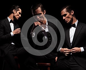 3 poses of seated businessman in black looking away