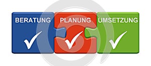 3 Puzzle Buttons showing Consulting Planning Implementation german