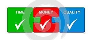 3 Puzzle Buttons showing Time Money Quality 3D illustration