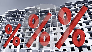 3 Red Percentage sign on new building under construction background. Interest rates. House Share. Real estate investing. Buy,