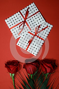 3 red roses with 2 gifts envelopes, red ribbons, certificates, invitation card inside. Craft concept. Red on the red background. C