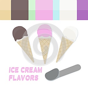 3 scoops of ice cream in a 3 cone, 3 and more flavors