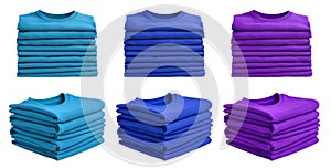 3 Set of pile stack of folded blank dark light blue turquoise magenta purple tee t shirt sweater round neck on transparent, PNG