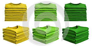 3 Set of pile stack group of folded blank black dark light green lime yellow tee t shirt sweater round neck on transparent, PNG