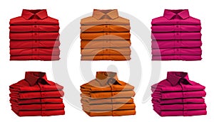 3 Set of pile stack group of folded blank red magenta pink orange mustard button up long sleeve collar shirt on transparent, PNG