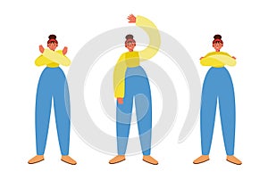 3 standing poses of a woman, hands crossed, waving hand, disagree gesture