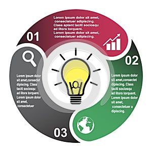 3 step vector element in three colors with labels, infographic diagram. Business concept of 3 steps or options with light bulb