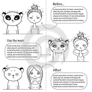 3 steps Facial treatment monochrome instruction, girl and panda