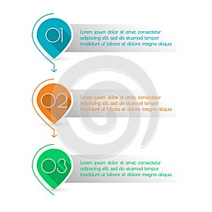 3 steps, levels or option with arrows. Map markers with numbers. Colorful number bullet points set. Menu interface for web design.