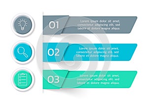 3 steps, option infographic. Menu, list design with business icons. Presentation, layout banner. Modern info graphic