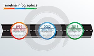 3 steps Timeline infographics with arrow from road. Three options or levels template. Vector illustration