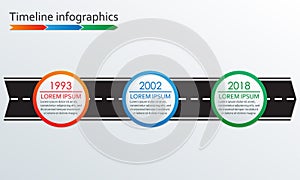 3 steps Timeline infographics with arrow from road. Three options or levels template. Vector illustration.