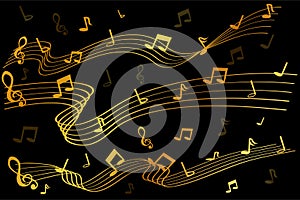 3 style of golden Musical Note waving line, for your element design, at black background