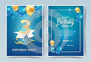 3 th years birthday vector invitation card. Three years anniversary celebration brochure. Template of invitational for