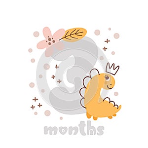 3 three months Baby month anniversary card. Baby shower print with cute animal dino and flowers capturing all special