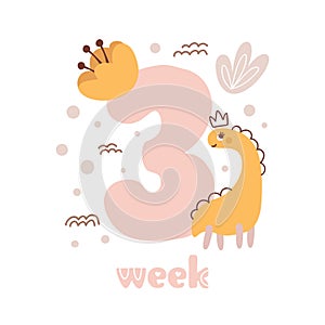 3 three week Baby girl anniversary card newborn metrics. Baby shower print with cute animal dino, flowers and palm