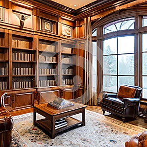 3 A traditional-style home library with a mix of wooden and leather finishes, a classic fireplace mantel, and a mix of open and