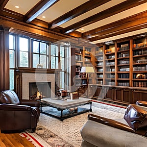 3 A traditional-style home library with a mix of wooden and leather finishes, a classic fireplace mantel, and a mix of open and