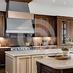 3 A traditional-style kitchen with a mix of wooden and marble finishes, a classic range hood, and a mix of open and closed stora