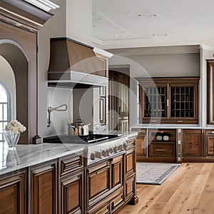 3 A traditional-style kitchen with a mix of wooden and marble finishes, a classic range hood, and a mix of open and closed stora
