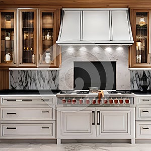 3 A traditional-style kitchen with a mix of wooden and marble finishes, a classic range hood, and a mix of open and closed stora