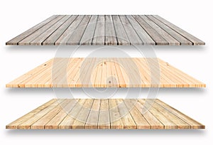 3 types wooden plank shelves and white background,For product di
