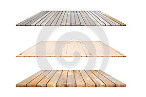 3 types wooden plank shelves and white background,For product di