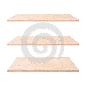 3 Wood shelves table isolated on white background and display montage for product