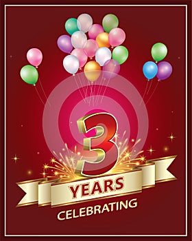 3 years anniversary celebrating. Golden numbers with fireworks on red background with ribbon and balloons.