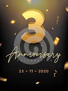 3 Years Anniversary Celebration event. Golden Vector birthday or wedding party congratulation anniversary third