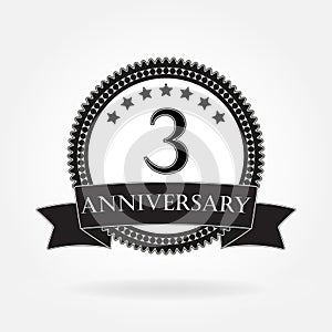 3 years anniversary template with ribbon. 3th celebration emblem or icon. Vector illustration