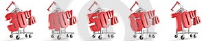 30%, 40%, 50%, 60%, 70% percent discount in front of shopping cart. Sale concept. 3D