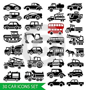 30 car icons set, black auto web pictogram
