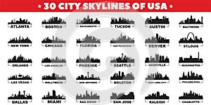 30 city skyline silhouettes of United States of America vector design