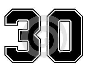 30 Classic Vintage Sport Jersey Number in black number on white background for american football, baseball or basketball